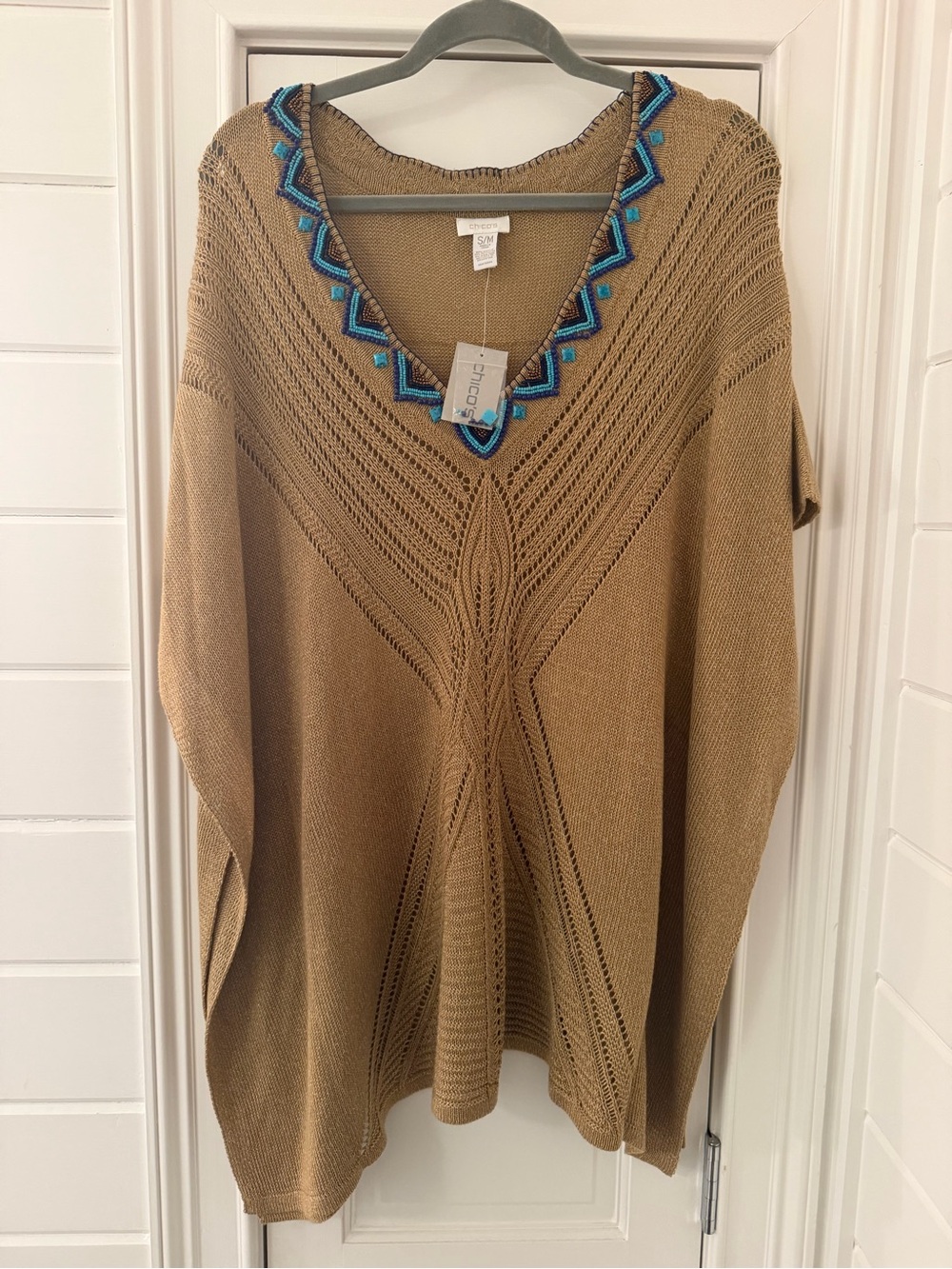 Chico's Camel V-Neck Sweater with Blue Embroidery
